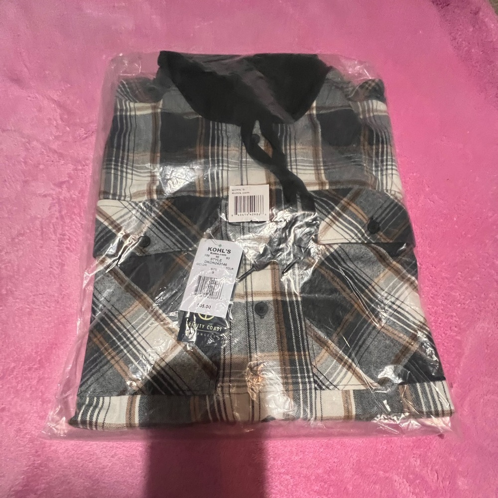 NWT Men’s size small long sleeve Plaid Button-Up Shirt with Black hoodie.